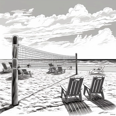 black and white Clipart of sandy beach with lots of beach chairs and a volleyball net set up in background. - - black and white only - - laser engravable - - 16:9