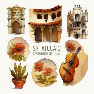 set of 10 cliparts of spanish culture, flamenco, architecture, watercolor, faded