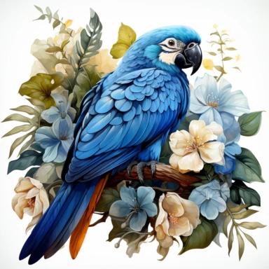 hyperrealistic ultra detailed watercolor clipart, blue parrot with jungle flowers, white background, in the style of digital print, clipart, illustration, sticker, ultra high definition, rich details, 32K, HD