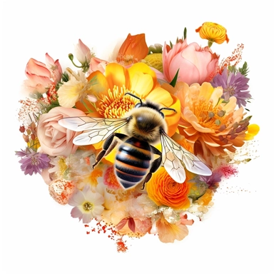 An exquisite honey bee clipart surrounded by a vibrant bouquet of flowers, with no background to distract from the natural beauty. The bee delicately perched on a blooming flower, its fuzzy body contrasting against the petals, while its translucent wings add a touch of ethereal grace. This clipart provides a perfect blend of nature's wonders