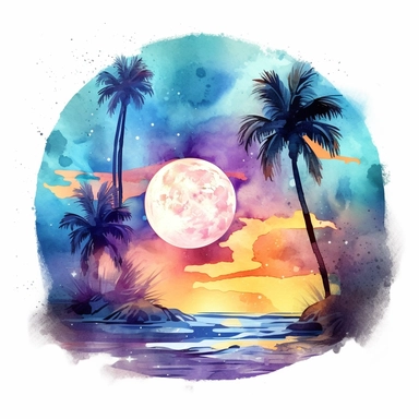 Under the watchful gaze of the moon, a mesmerizing holographic beach emerges in the depths of night, painted in captivating strokes. watercolor clipart. watercolor clipart. watercolor clipart. With a gentle and natural lighting casting its glow, the colors of this scene emanate a sense of wonder and relaxation. The composition is crafted to offer the best possible view, focusing solely on the ethereal interplay between sand and water. The holographic waves gently lap against the shore, their lum