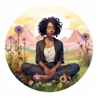 llustration of black woman, with locs, boho modern aesthetic, cottagecore, avacadopunk, surrounded by florals, watercolor, soft rainbow hues, sitting in a meadow, looking relaxed, flawless line work, very low detail, clipart, in a round frame, isolated on white background