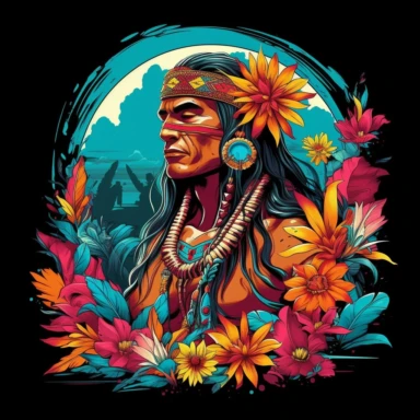 artwork of t shirt graphic of Naive American Super Model waer Native American style in digital painting style ,colorful color, Sage, beautiful flowers, sunrise mountains and clouds , big sea waves, water splashes, black background, colorful fantasy flower sorround, highly detailed clean, vector image, photorealistic masterpiece, professional photography, realistic, , isometric, vibrant vector, clipart, illustration, realism, 4k, , cinematic, front view , unreal engine, Matrix Style
