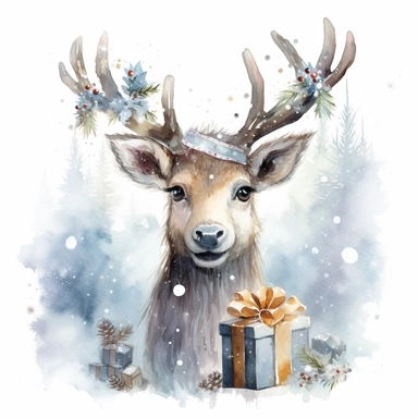 A lovable reindeer with a beautifully wrapped gift in its antlers, snowflakes, a snowy landscape, a hint of a moonlit sky. , ornamental watercolor clipart high resolution