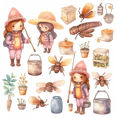 Watercolor boho beekeeping, illustrations clipart set, simple, soft colors, cartoon elements, different variants, cute little boy and girl beekeeping, separate elements with a margin