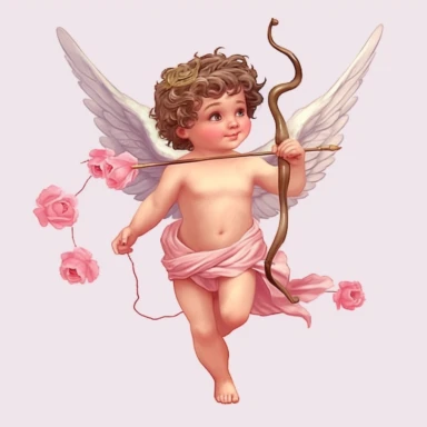 Fantasy Style Ancient Roman style Young happy Boy Cupid God flying sky and holding arrow and bow with watercolor effect,pinky cheeks,beautiful white little wings,suitable for digital clipart,white background,Mythologic Scene,Ancient roman fashion Clipart ,Cartoon,hyper realistic, intricate detail, illustration style,high solution,on the white background