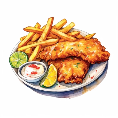 a delightful watercolor, hyper-realistic clipart image with a white background and white margins, showcasing a plate of crispy fish and chips. The ultra-detailed, hand-drawn elements capture the golden batter and tender fish. Use whimsical touches to add a sense of freshness, and bold shades of yellow and brown to evoke the comforting and satisfying nature of this classic fast food dish