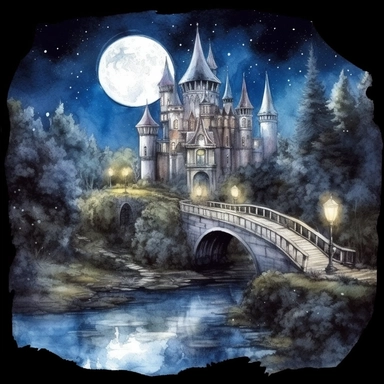 light watercolor Fantasy Castles night scenery on the moon in the garden forest with waterfalls and bridges realistic clipart on black background