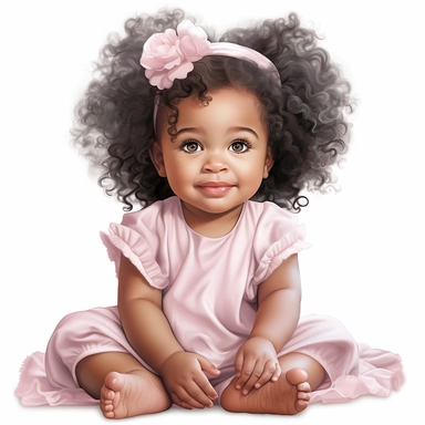 fully body portrait clipart of a cute african american baby girl with curly hair who is sitting down wearing pink and silver clothing. Place on a white background