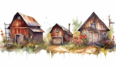 watercolor clipart set illustrations of old barns and sheds with flowers on white background
