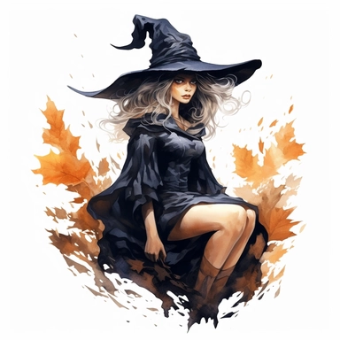hyperrealistic high detailed dark fall witch, acryl watercolor clipart, white background
