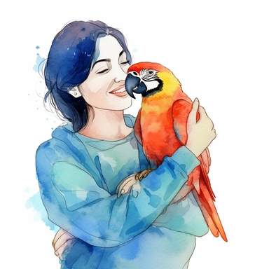 Adorable pet Macaw having happy moment with it's human owner, water color style, clipart, white background