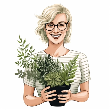 A HAPPY Young Woman WITH GLASSES AND blond hair Holding PLANTS Clipart in the style of hand-drawn, clean lines on a white background
