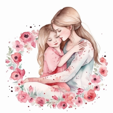 mother hugging her little daughter, watercolor clipart, hearts, floral, white background, png