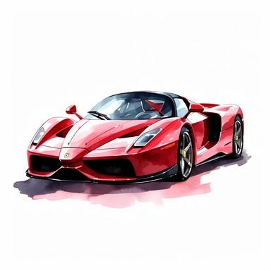 Clipart of a Ferrari Enzo minimal details, aquarel colored cartoon style with thick borders. Only the car. White background, no floor, no shadow