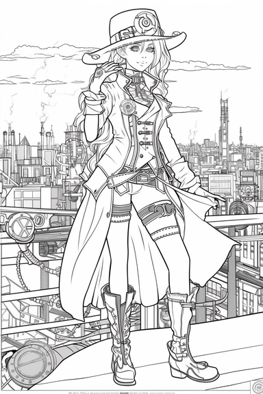 laughing steampunk manga girl in hat, large manga eyes, style of sailor moon, smiling, flirtateous look at the camera, full body view, proportional hands, five fingers, white hair, beautiful hands, japanese anime style, steampunk city skyline in the background, league of legend style , black and white, line art, coloring page, printable, thin lines, no details, no shadow, crisp lines, illustration, vector, clipart