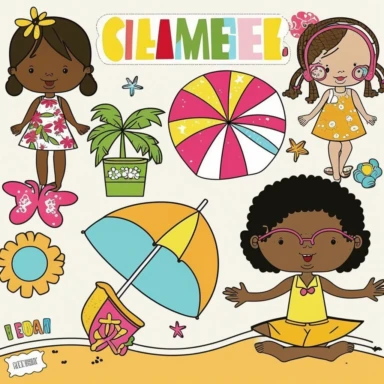 Create a collection of summer-themed clipart featuring elementary age children. Include images of black kids playing at the beach, swimming in a pool, having a picnic, playing with bubbles, flying kites, and any other fun summer activities. The clipart should be colorful, lively, and capture the carefree spirit of summer. Be sure to choose images that will appeal to young children and are appropriate for use in educational materials, such as lesson plans, worksheets, and posters