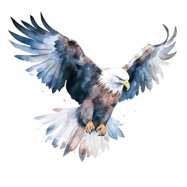 a graceful eagle flying with kind eyes clipart with watercolor illustration,full body shot,8k,etsy style, white background