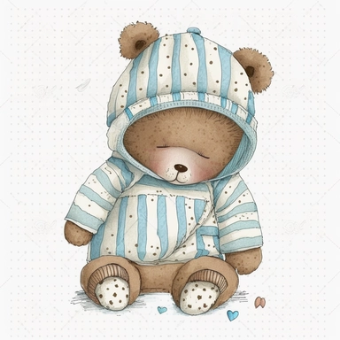 cute adorable watercolour children’s illustration brown sleepy time teddy bear , tatty teddy bear inspired, wearing striped blue pyjamas and a bedtime hat, clipart style, png style, svg clipart style, solid white background