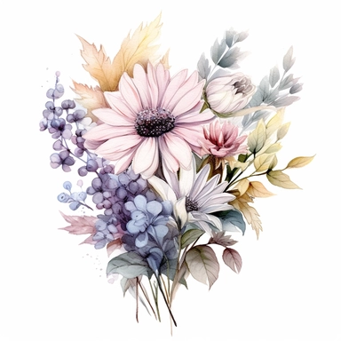 Watercolour sketch, wildflowers bouquet, leaves, flowers, petals, floating, clipart, white background, pastel palette, washed out colour, pale colours, naturecore, bloomcore