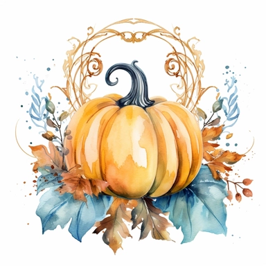 Watercolor pastel boho pumpkin with gold ornate watercolor sitting on pumpkin leaves white background. clipart
