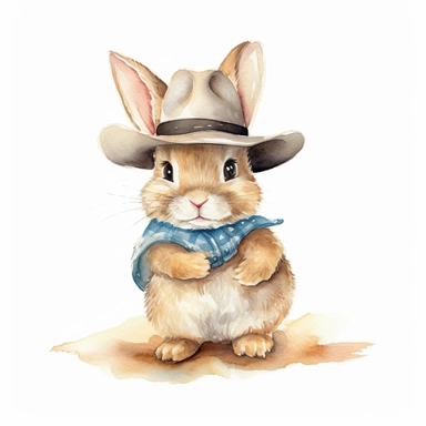 Baby rabbit in a cowboy hat, full body, clip art, watercolor, clean, neat.