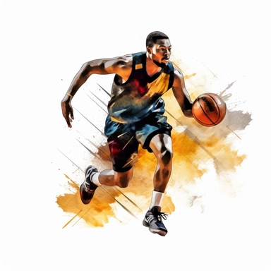 Basketball Player clipart, watercolor, clipart image featuring a Black basketball player dribbling the ball, showcasing agility and skill on the court, white backround