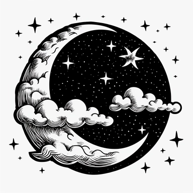 black and white vector icon clipart of a crescent moon and clouds , black and white, in the style of Aubrey Beardsley, white background, NO PEOPLE