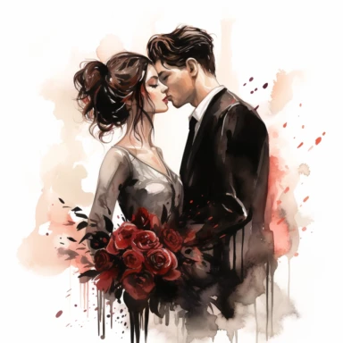 Lovecore. Clipart. A captivating gothic wedding illustration in a watercolor style with a touch of flat design. The artwork features a bride and groom in a whimsical and stylized representation. The composition is set against a clean white background, allowing the bold colors and clear contours to stand out. Emphasize the gothic theme with a color palette consisting of dark shades of black, deep purple, and other complementary neutral tones. The illustrations should have a minimalist aesthetic w