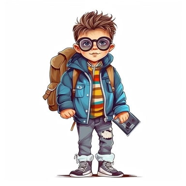 A young stylish young child (boy) with trendy clothes and a backpack, 3-5 years old, looking cool, on the way to school, vector style graphic, positive vibe, clipart, single design, white background