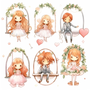 Cute kawaii wedding rings tied with a ribbon, cute set of wedding illustration clipart, illustration for children's book, cartoon elements, different variants, girl with long hair in a bridal veil, wedding, husband and wife sitting on a swing and swinging together, hearts balloons, veil, garland, wooden elements, white transparent background separate elements with a margin Watercolor