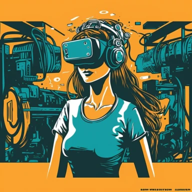 vr headset, virtual reality, industrial worker, poster, goddess, learning, simplistic, abstract, vector, 2d illustration, clipart, few colors, industrial environment, industrial scruffs