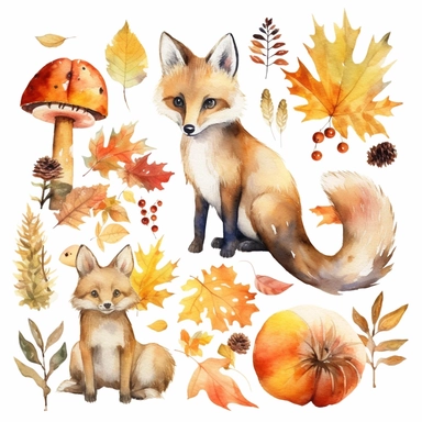 Watercolor autumn elements, flower , leave fall , Watercolor many animals woodland Clipart, Autumn Clipart , watercolor illustration, white background for removing background