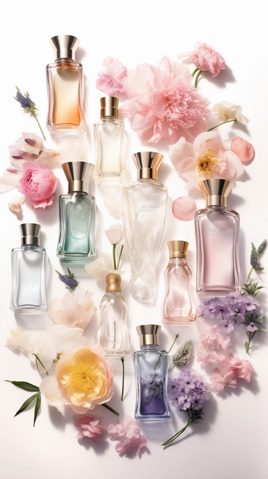 realistic watercolor illustration. clipart. different shape of pastel perfume bottles with variation randomly placed on a white soft background. flowers. roots. sophisticated. made entirely out of different types of flowers and perfume bottles standing tall against a white background. The image is designed as a poster. perfect for printing and sharing with friends and family. knolling