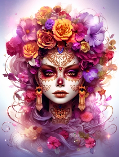 3d sugar skull girl with florals, in the style of fantasy art, 32k uhd, tim shumate, dark magenta and gold, luminous atmosphere, fantastical street, luminous,sticker art, clipart png, photorealistic, watercolor, digital painting, WHITE BACKGROUND, fantasy style, realistic, painting, 8k, ultra details,