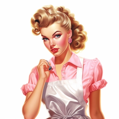 beautiful pretty pin up woman, makeup and hair 50's style, diferent cleaning poses,maid dressed, home stuff in her hands, and a lace on her hair, all in 50's style, paint art style, detail, clipart, white background, superrealistic, one of a kind