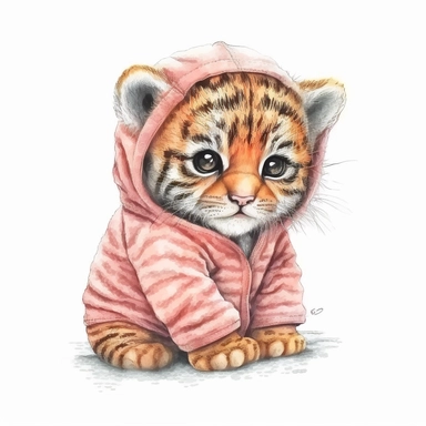 watercolor and pencil sketch of happy cute baby tiger with big eyes wearing baby pajamas, pastel pink, hyper detailed, white background, 4k, hd, clipart