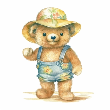Cute baby bear clipart, happy expression, standing in dynamic pose, 1980s color scheme, wear play hat, hawaiian summer shirt, front view, in the style of watercolor cartoon clipart, kate greenaway style, high resolution, composition free space,watercolour clipart, watercolor illlustration for kids and children, isolated white background, clipart most popular on etsy, book illustration, featured on dribble, print on demand image, PNG tranparent background, composition medium shot, no text