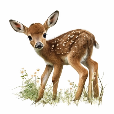 cute baby bambi, with brown detailed eyes and cute nose, walking in the grass, white background, realistic clipart