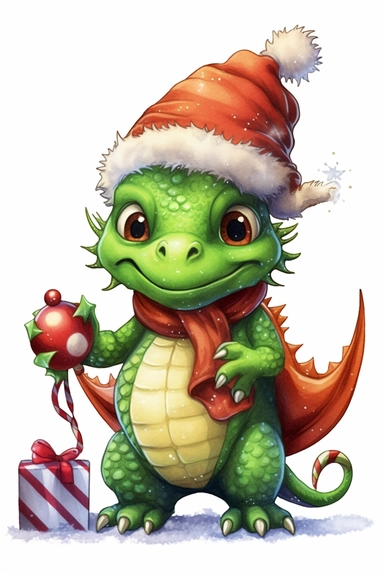 Cute funny avocado green dragon, christmas tree with toys, red cardigan, snow, winter, style by Lusy Fleming, folk art, watercolor, clipart elements, smooth gradients, black contour outline, ultra detailed, white background, super clear