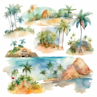 Tropical island beach clipart set isolated on white, watercolor, - - no photograph