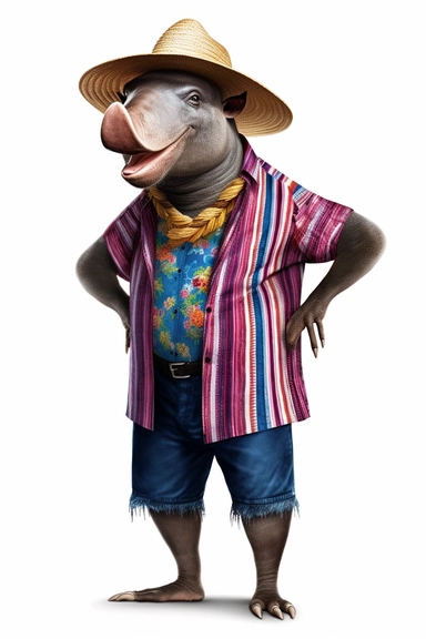 A standing cheerful tapir wearing a straw hat, wearing a shirt, wearing a short, beach style, vibrant colors, clipart, white background, extremely detailed, photo realistic, high resolution, realistic, 8K