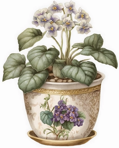 african white violet in cute pot with ornament, watercolor style, hand painted, white background, tempera clipart