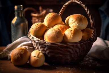 wicker basket with freshly baked bread rolls, some flour scattered nearby, background: rustic kitchen, photo clipart, super detail, vignetting, shot with Nikon D3000,