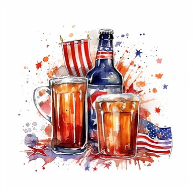 fireworks, shades of American flag, patriotic, beers, celebration, aquarelle, clip art illustartion