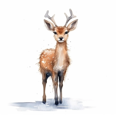 an adorable Deer standing on snow in the style of watercolour clipart with detailed brush strokes