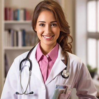 Female doctor, laminated ID badge clipped to lab coat, crisp white lab coat, wearing pink examination gloves, holding normal sized clipboard, stethoscope around neck, looking at camera, smiling, photorealism, perfect symmetrical face, perfect details, background: examination room, intricate details, 8k, ultra-detailed, intricate details, bright colors, DSLR, Canon EF-S 10-18mm f/4.5-5.6 IS STM lens, ISO 150, octa-rendering, hyper-realistic textures, symmetrical face