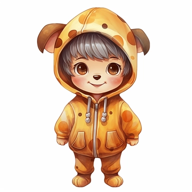 cute kid wearing Dog costumes and with happy face,front facing on isolated background,with happy face and expression,Animal Sublimation Clipart,no splash watercolor,white background, ultra detailed clipart, cut out image, colorful watercolor realistic, cartoon style, ultra HD, sharp and clean art