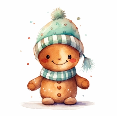 a cute watercolour gingerbread with an happy face and a christmas beanie on drawed in soft colours aquarell cartoon clip art