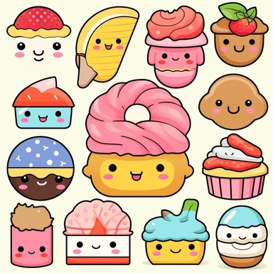 Dive into the world of Kawaii with a clipart collection featuring lovable food items. Design charming characters like smiling sushi rolls, giggling ice cream cones, and cheerful donuts. Let their expressions be infectious, radiating happiness and warmth. Add blushy cheeks, sparkles, and a touch of whimsy to make your Kawaii clipart set irresistibly cute and perfect for adding a playful touch to any project. Kawaii. White background, soft lighting.